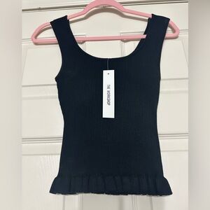 The Workshop Black Ribbed Top with Ruffle Detail